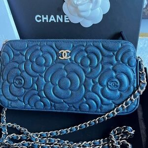 Chanel Quilted Camellia Chain Wallet - Blue